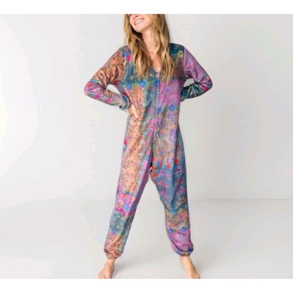 Natural Life Women's Fleece One Piece Pajamas Jumpsuit Boho Floral Print Size L